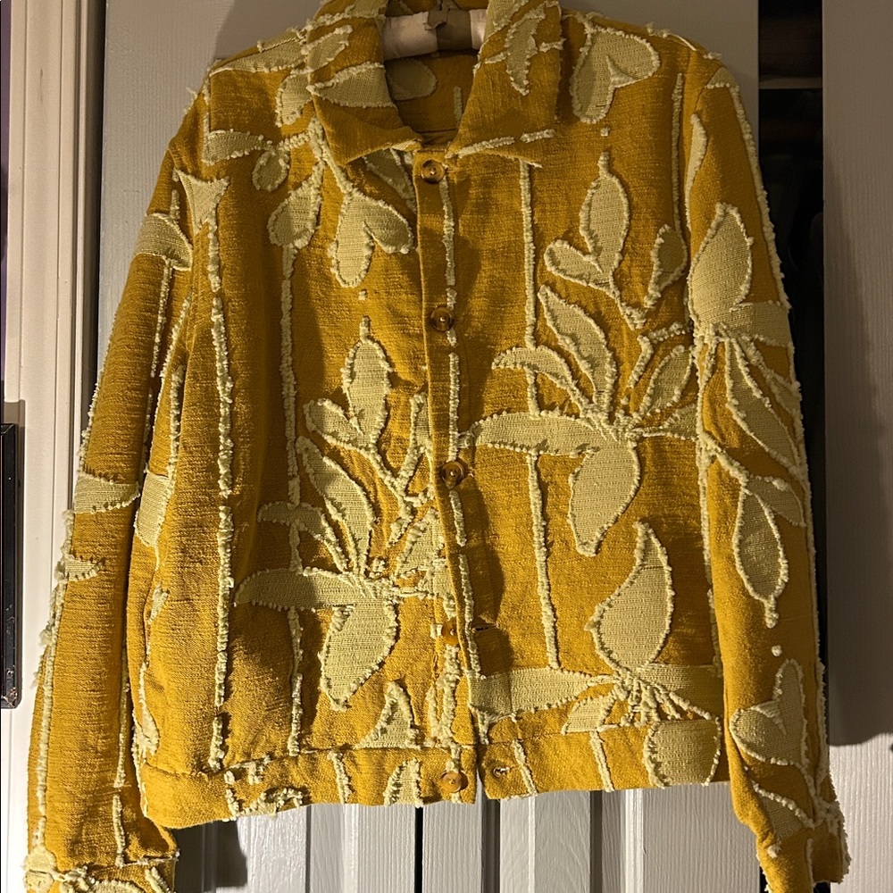 Mens Zara Golden Yellow Leaf. Pattern Textured Jacket, sz L.